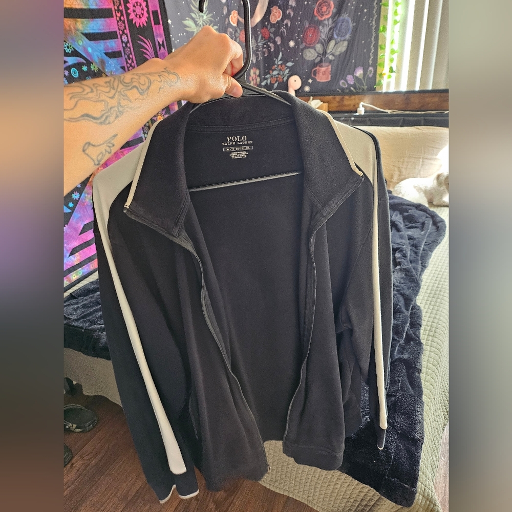 Vintage Polo Ralph Lauren Mens XL Black Zip Jacket White Stripe